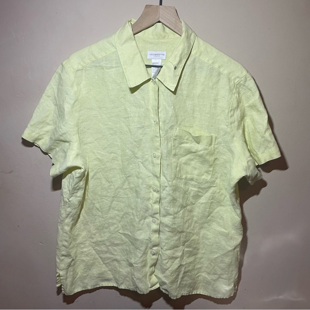 Liz Claiborne Lizsport 100% Linen Button Front Shirt XL Pale Yellow Short Sleeve